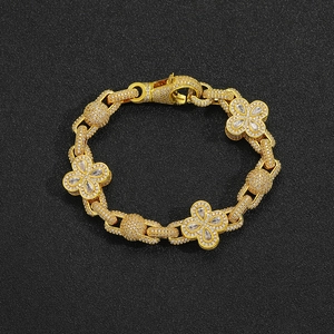 Hip hop gold bead bracelet with iced out clover motif and micro-paved cubic zirconia stones