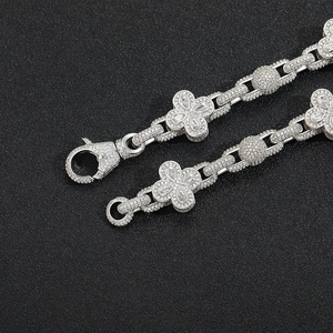Hip hop silver bead chain necklace with four-leaf clover pendant and zircon buckle