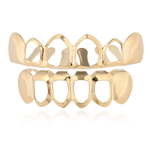 Ensemble grillz hip hop plaqué or 18 carats avec rangées supérieure et inférieure évidées