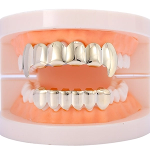 Hip hop stijl goud en zilver metalen grillz set getoond op een tandheelkundig model