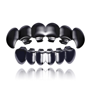 Hip hop tanden grillz set in gunmetal zwart met gepolijste spiegelafwerking en reflecties