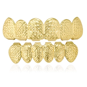 Hip Hop Vergulde Grillz Koperen Tanden Grill Gesneden Kruistextuur Bovenste Onderste Tand Voor Mannen Vrouwen Sieraden