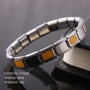 Men's stainless steel Italian charm bracelet with bright orange enamel link segments