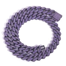 Close-up of a purple iced out Cuban link chain with a micro-pave stone box clasp