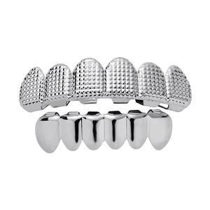 Hip hop silver plated grillz set featuring checkered texture top and polished bottom