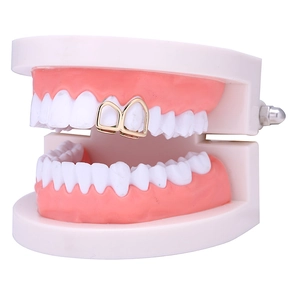 Vergulde dubbele tand grillz caps gepresenteerd op een realistisch gebitsmodel