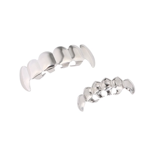 Polished silver hip hop vampire grillz set featuring top and bottom teeth rows