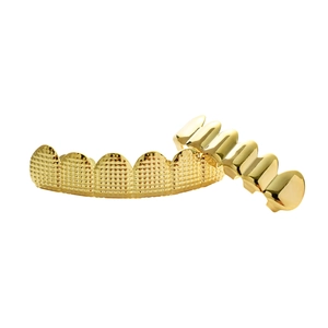 Hip hop gold plated grillz set with grid texture and polished mirror finish for teeth