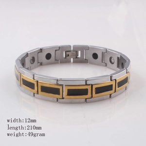Men's two-tone stainless steel magnetic therapy bracelet with black drip oil accents