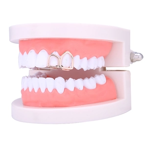 Detailweergave van de vergulde holle frame hoektanden grillz set op gebitsmodel