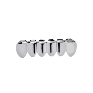 Polished silver six-tooth hip-hop grillz with high-shine metallic mirror reflection
