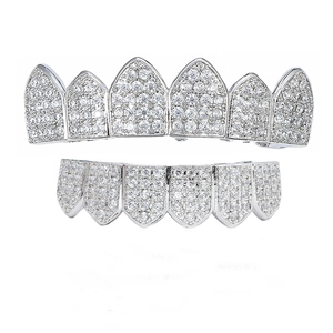 Macro detail of iced out silver grillz set featuring micro-pave cubic zirconia on six teeth