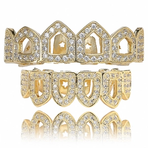 Grillz Hip Hop Ajourés Micro Strass Combinaison Haut Et Bas Pour Hommes Femmes Plaqués Or Argent Bijoux Halloween