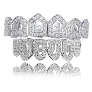 Ensemble grillz hip hop argenté avec motif étoile évidée et pierres de zircon blanc