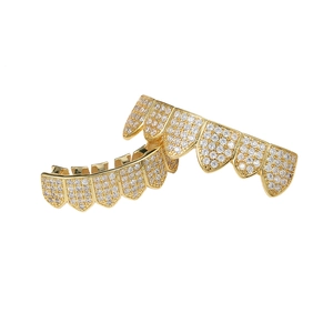 Hip hop style gold plated micro paved zircon fangs grillz set for upper and lower teeth