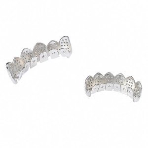 Detailed macro view of silver hip hop grillz with micro-pave cubic zirconia stones