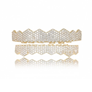 Detail of 18K gold plated hip hop grillz set with micro-paved cubic zirconia stones