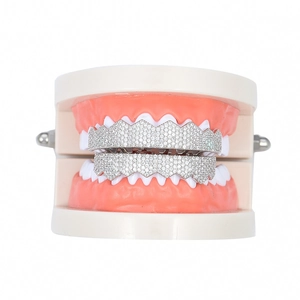 Hip hop silver grillz with zircon micro-paving shown on a white teeth model
