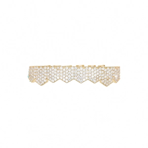 Detailed macro view of 18K gold plated hip hop grillz set with micro pave zircon stones