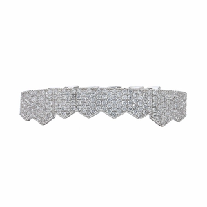 Detail of silver plated hip hop grillz featuring micro-pave cubic zirconia stones