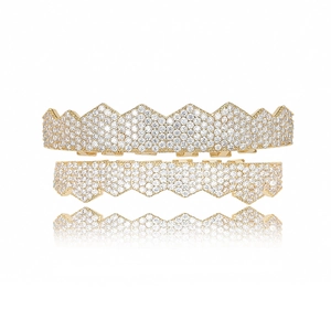 Hip Hop Iced Out Micro Pave Zirconia Copper Teeth Grillz Top And Bottom Gold Silver Plated Body Jewelry For Men Women