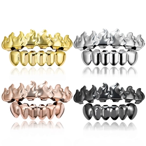 Hip Hop Flame Teeth Grillz Copper Rhinestone Vampire Fangs Dental Jewelry For Party Halloween Unisex Accessories