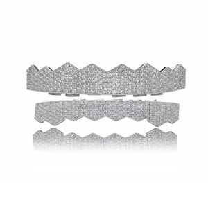 Hip hop silver color grillz set with micro paved cubic zirconia and mirror reflection