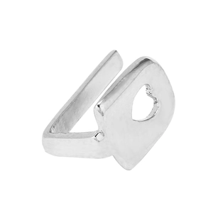 Polished silver heart-shaped cutout ear cuff and open ring with minimalist geometric design