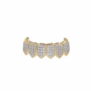 Hip hop bottom grillz with gold plating and paved zircon crystals in vampire fangs style