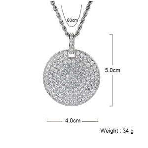 Hip hop round iced out pendant necklace with shiny cubic zirconia and 60cm rope chain