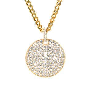 Golden round pendant necklace with paved zircons and flat Cuban chain for men
