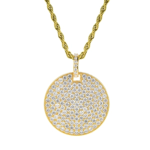 Hip hop gold plated circular pendant necklace with shimmering micro pave cubic zirconia stones