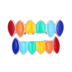 Grillz Hip Hop Arc-en-ciel pour Dents Décor de Dents de Vampire Homme Femme Cuivre Émaillé Bijoux Halloween Or Argent