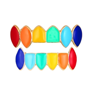 Set de grillz arc-en-ciel avec émail coloré et bordure dorée pour le style hip hop