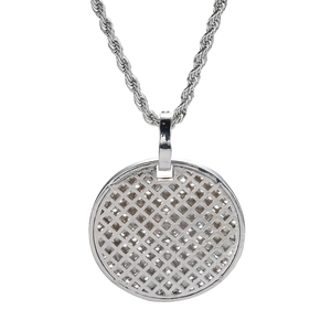 Silver round pendant with geometric hollow grid design on a classic rope chain necklace