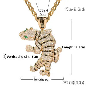 Detailed macro view showing the precise dimensions of a 3D gold tiger pendant with crystals