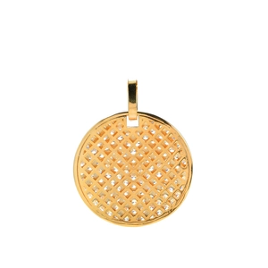 Close-up of golden round pendant featuring hollow grid set with sparkling cubic zirconia