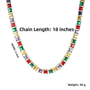 Detail of 6mm multi-color square cubic zirconia tennis chain in 18-inch gold plating