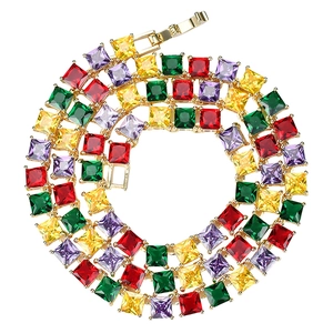 Hip Hop Colorful Square Zirconia Tennis Chain Necklace Copper Gold Silver Plated Luxury Rainbow Jewelry For Men Women