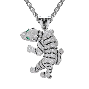 Fierce 3D tiger pendant necklace with sparkling zircons and green agate eyes for hip hop style