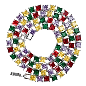 Hiphop silver chain necklace with multi-colored square-cut cubic zirconia gemstones