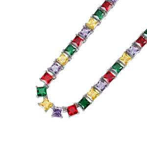 Detail of multi-color square-cut zircon tennis necklace with four-prong silver settings