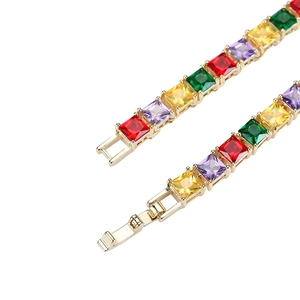Hiphop gold necklace with multi-color square zircon stones in micro-pave setting