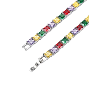 Detail of colorful square-cut cubic zirconia necklace with secure silver folding clasp