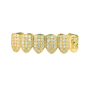 Hip hop gold grillz with micro-paved cubic zirconia and detailed Jesus head relief