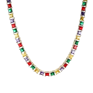 Close-up of rainbow square-cut tennis necklace with multicolor stones in gold setting
