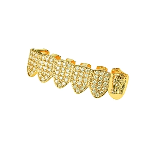 Hip-hop 6-tooth gold grillz with iced-out pave set zircon and Jesus head relief design