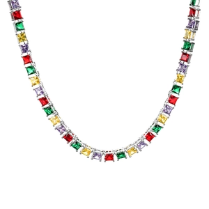 Detail of hip hop rainbow tennis necklace with colorful square-cut cubic zirconia stones