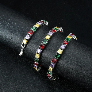 Macro shot of colorful square-cut zircon tennis bracelets with silver-tone settings