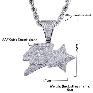 Hiphop number 47 star pendant dimensions 4.7x5.2cm with 60cm rope chain and CZ stones